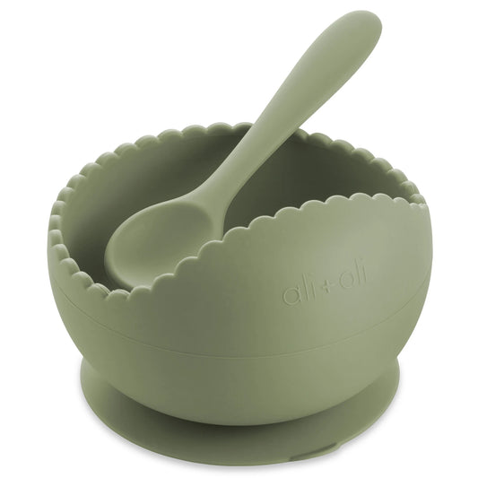 Wavy Edge Silicone Suction Bowl and Spoon Set | Sage