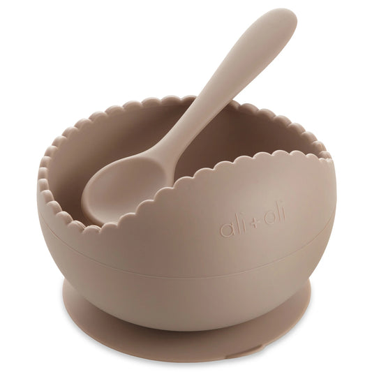 Wavy Edge Silicone Suction Bowl and Spoon Set | Taupe