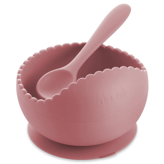 Wavy Edge Silicone Suction Bowl and Spoon Set | Dusty Rose
